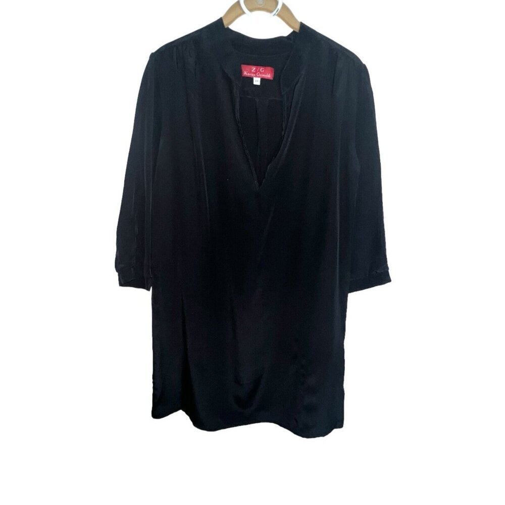 Z/G KARINA GRIMALDI 100%  SILK SHIFT DRESS BLACK V NECK SHORT‎ SLEEVE SIZE XS